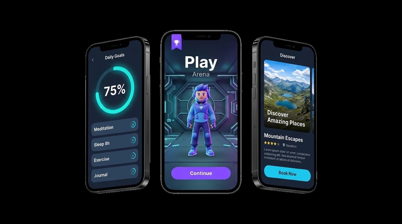 Illustrative mobile app concepts showing daily goals, game arena, and travel discovery