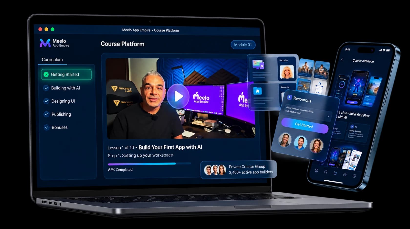 Illustrative course platform showing video lesson and mobile screens
